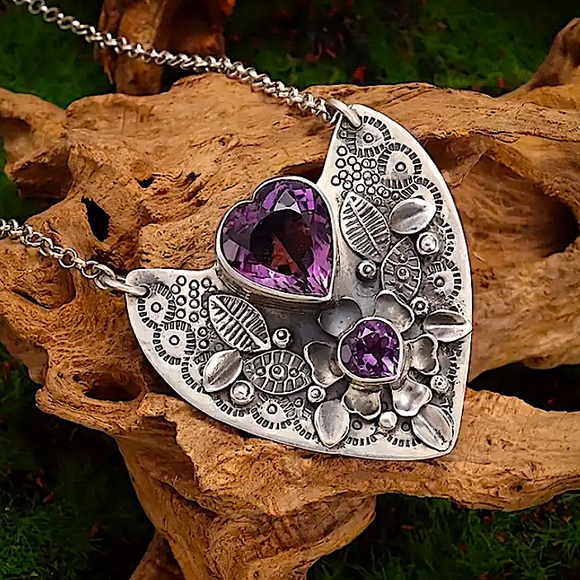Stainless Steel Heart Shaped Amethyst Stone Necklace - Picture 1 of 5